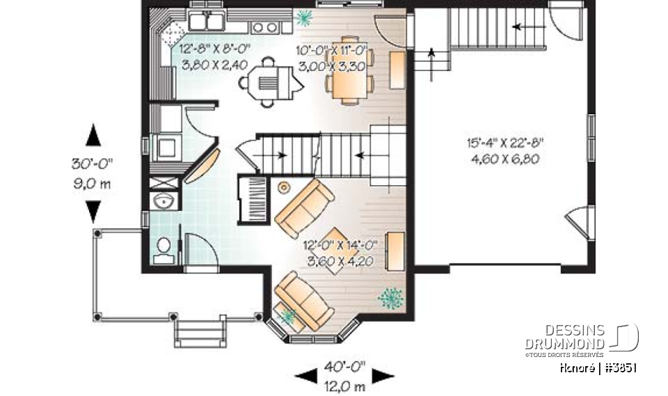 Rez-de-chaussée - Plan de maison d'inspiration victorienne , 3 chambres, garage, salle de lavage au rez-de-chaussée - Honoré