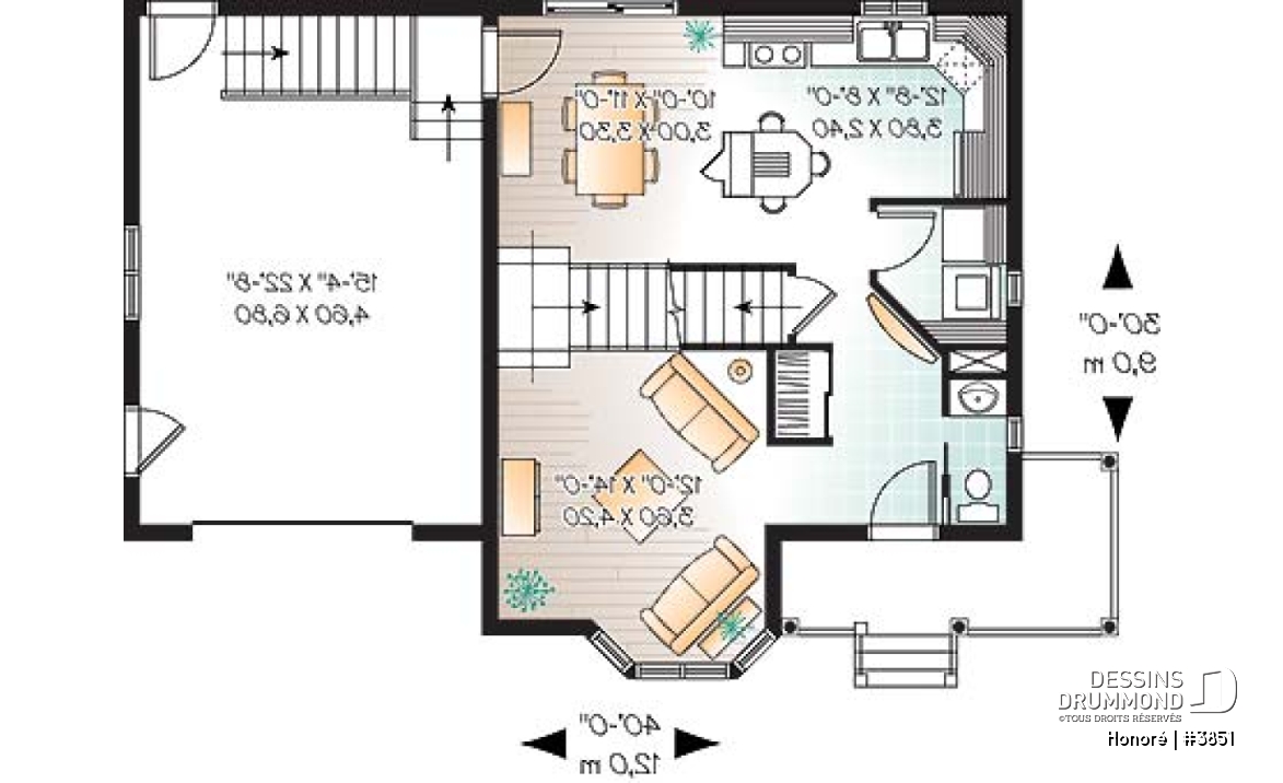 Rez-de-chaussée - Plan de maison d'inspiration victorienne , 3 chambres, garage, salle de lavage au rez-de-chaussée - Honoré