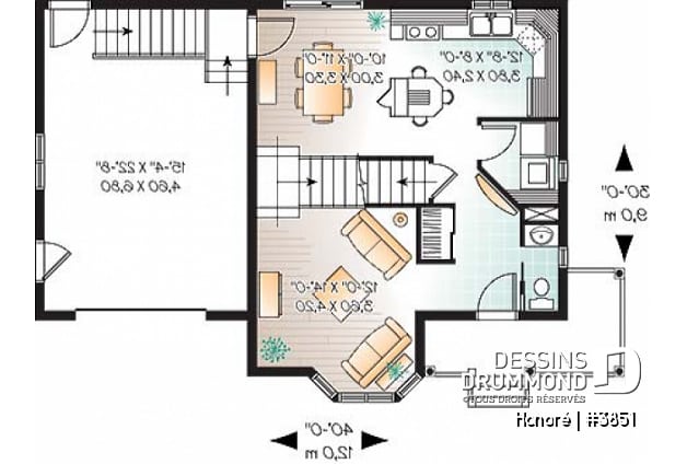 Rez-de-chaussée - Plan de maison d'inspiration victorienne , 3 chambres, garage, salle de lavage au rez-de-chaussée - Honoré
