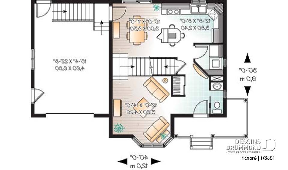 Rez-de-chaussée - Plan de maison d'inspiration victorienne , 3 chambres, garage, salle de lavage au rez-de-chaussée - Honoré
