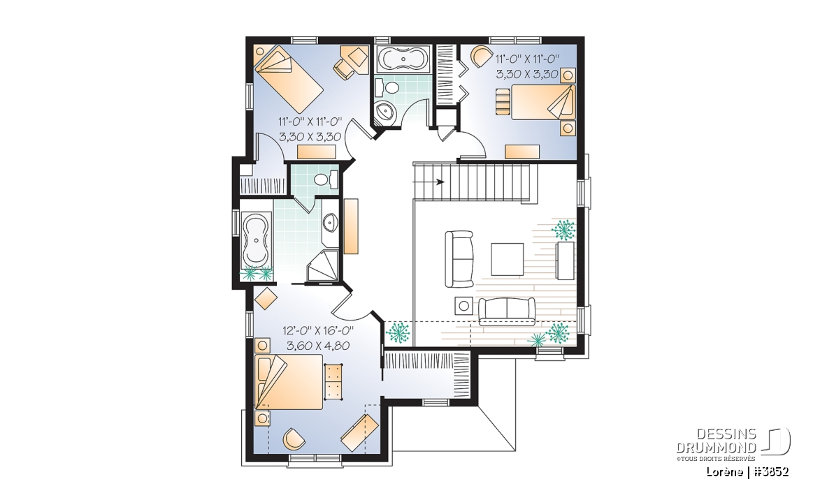Étage - Plan de maison chic avec 3 chambres avec plafond 15' au salon et garage - Lorène