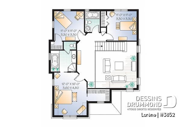 Étage - Plan de maison chic avec 3 chambres avec plafond 15' au salon et garage - Lorène