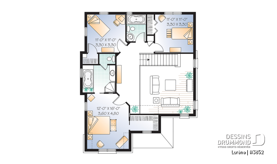 Étage - Plan de maison chic avec 3 chambres avec plafond 15' au salon et garage - Lorène