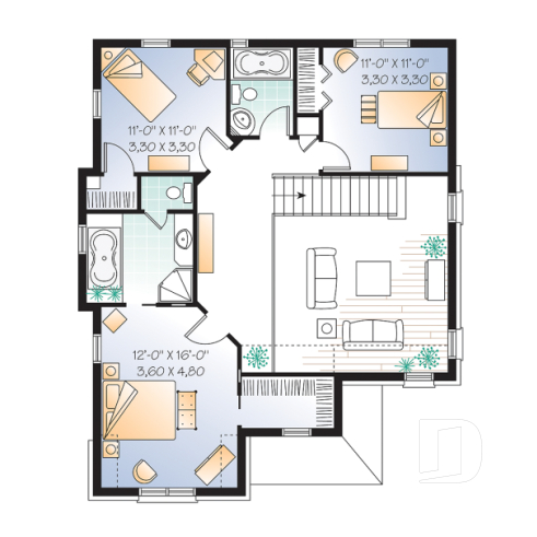 Étage - Plan de maison chic avec 3 chambres avec plafond 15' au salon et garage - Lorène