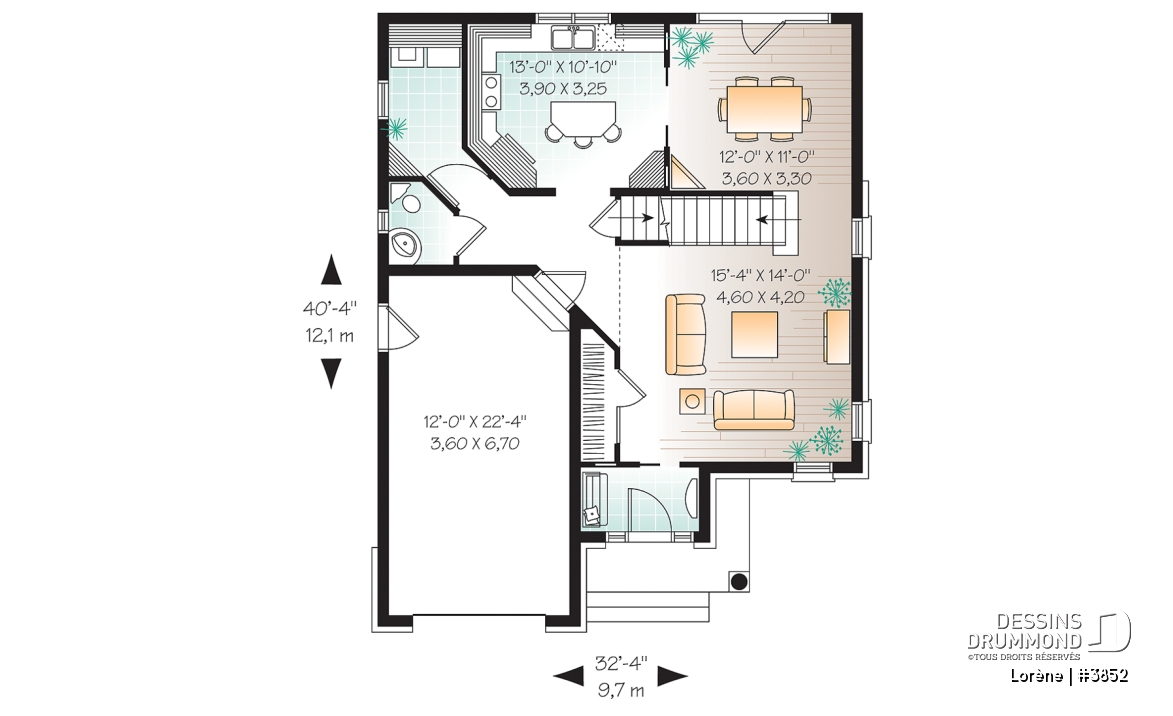 Rez-de-chaussée - Plan de maison chic avec 3 chambres avec plafond 15' au salon et garage - Lorène