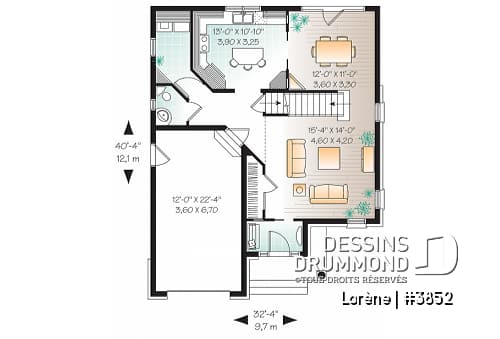 Rez-de-chaussée - Plan de maison chic avec 3 chambres avec plafond 15' au salon et garage - Lorène