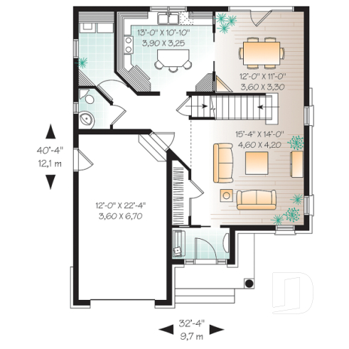 Rez-de-chaussée - Plan de maison chic avec 3 chambres avec plafond 15' au salon et garage - Lorène