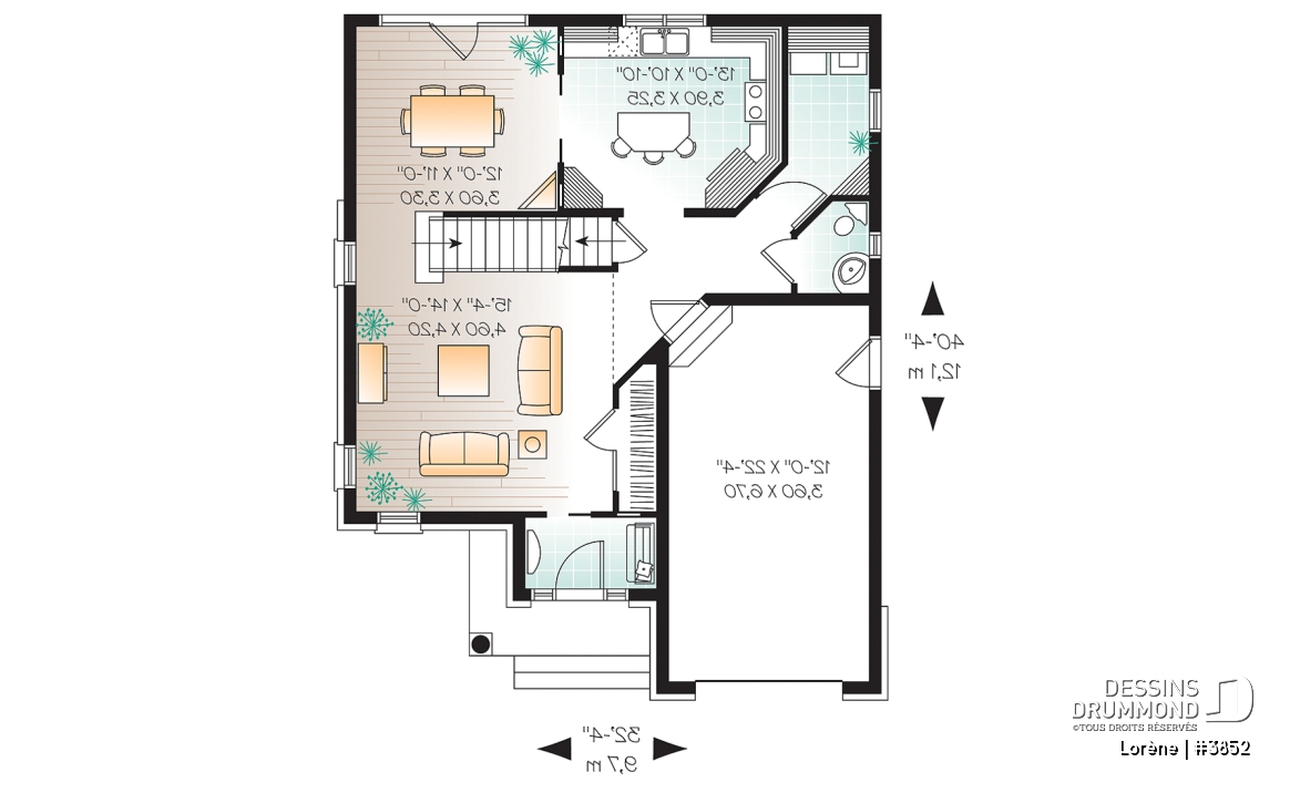 Rez-de-chaussée - Plan de maison chic avec 3 chambres avec plafond 15' au salon et garage - Lorène