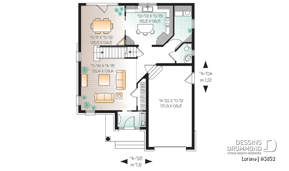 Rez-de-chaussée - Plan de maison chic avec 3 chambres avec plafond 15' au salon et garage - Lorène