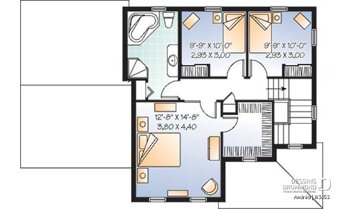 Étage - Plan de maison à étage avec garage, 3 chambre, vestibule, grande cuisine, buanderie au r-d-c - Andréa