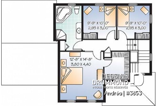Étage - Plan de maison à étage avec garage, 3 chambre, vestibule, grande cuisine, buanderie au r-d-c - Andréa