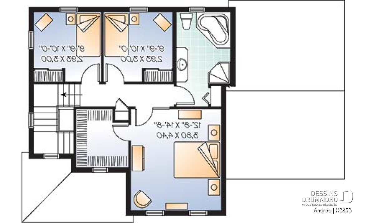 Étage - Plan de maison à étage avec garage, 3 chambre, vestibule, grande cuisine, buanderie au r-d-c - Andréa