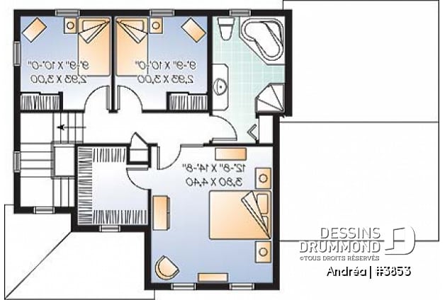 Étage - Plan de maison à étage avec garage, 3 chambre, vestibule, grande cuisine, buanderie au r-d-c - Andréa