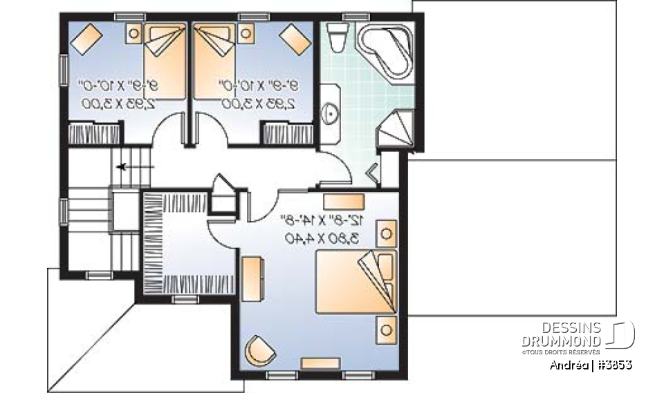 Étage - Plan de maison à étage avec garage, 3 chambre, vestibule, grande cuisine, buanderie au r-d-c - Andréa