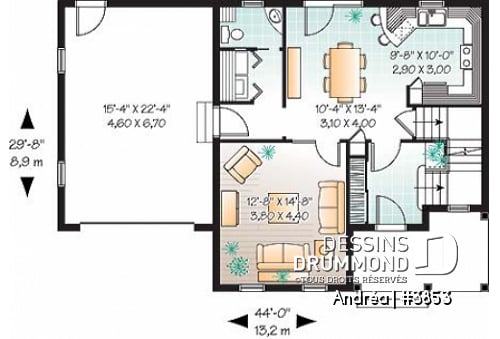 Rez-de-chaussée - Plan de maison à étage avec garage, 3 chambre, vestibule, grande cuisine, buanderie au r-d-c - Andréa