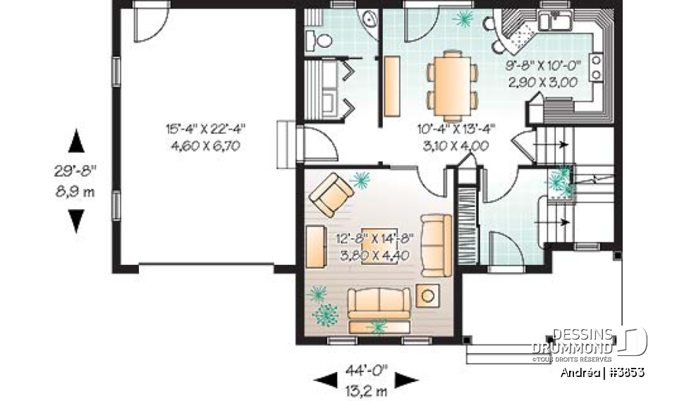 Rez-de-chaussée - Plan de maison à étage avec garage, 3 chambre, vestibule, grande cuisine, buanderie au r-d-c - Andréa