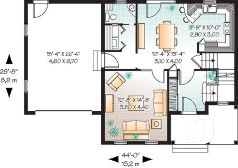 Rez-de-chaussée - Plan de maison à étage avec garage, 3 chambre, vestibule, grande cuisine, buanderie au r-d-c - Andréa