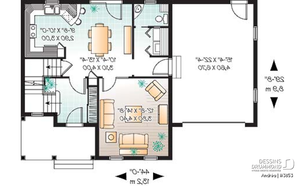 Rez-de-chaussée - Plan de maison à étage avec garage, 3 chambre, vestibule, grande cuisine, buanderie au r-d-c - Andréa