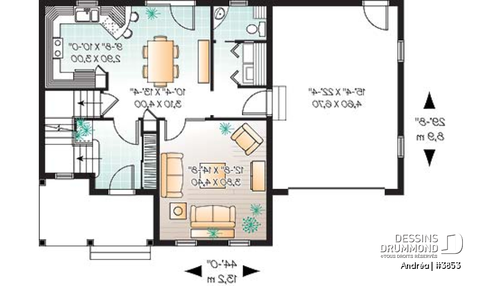 Rez-de-chaussée - Plan de maison à étage avec garage, 3 chambre, vestibule, grande cuisine, buanderie au r-d-c - Andréa