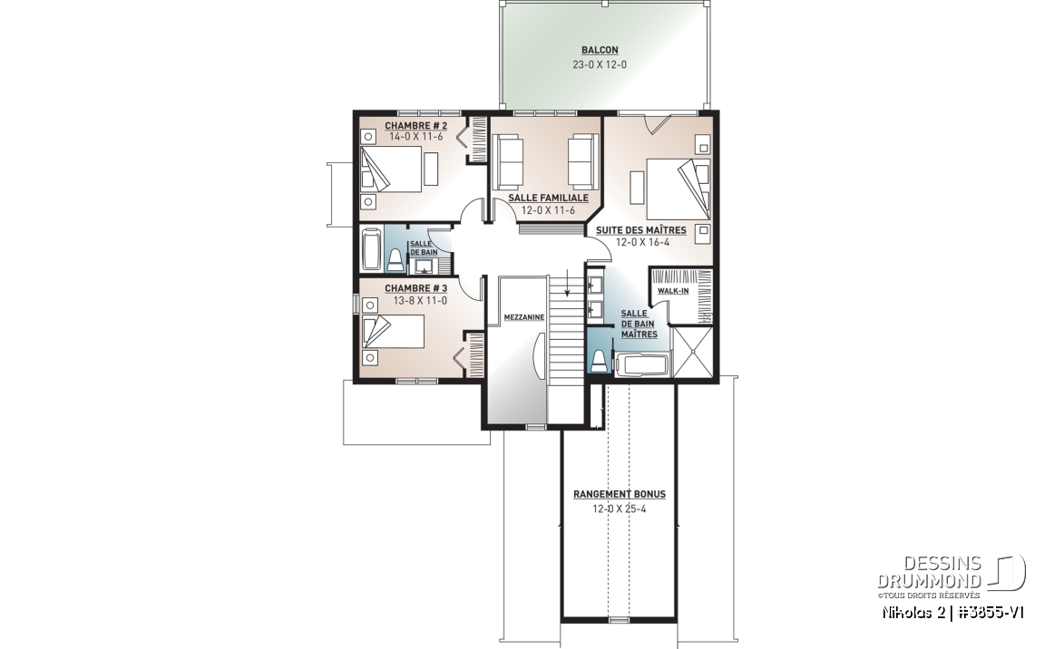 Étage - Plan de maison Farmhouse, 3-4 chambres, chambre parents avec balcon, terrasse, bureau, foyer, buanderie au rdc - Nikolas 2