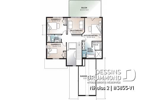 Étage - Plan de maison Farmhouse, 3-4 chambres, chambre parents avec balcon, terrasse, bureau, foyer, buanderie au rdc - Nikolas 2