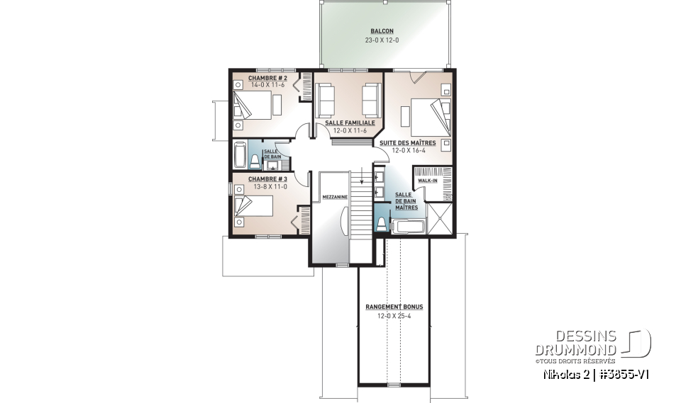 Étage - Plan de maison Farmhouse, 3-4 chambres, chambre parents avec balcon, terrasse, bureau, foyer, buanderie au rdc - Nikolas 2
