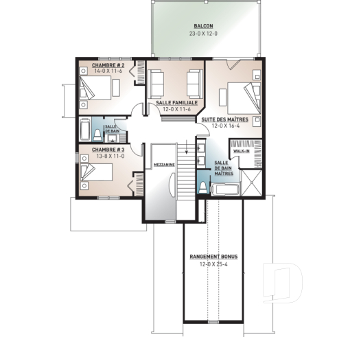 Étage - Plan de maison Farmhouse, 3-4 chambres, chambre parents avec balcon, terrasse, bureau, foyer, buanderie au rdc - Nikolas 2