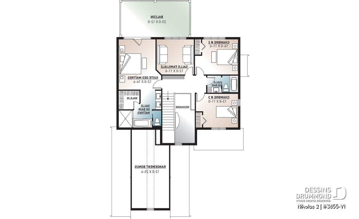 Étage - Plan de maison Farmhouse, 3-4 chambres, chambre parents avec balcon, terrasse, bureau, foyer, buanderie au rdc - Nikolas 2