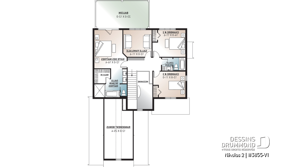 Étage - Plan de maison Farmhouse, 3-4 chambres, chambre parents avec balcon, terrasse, bureau, foyer, buanderie au rdc - Nikolas 2