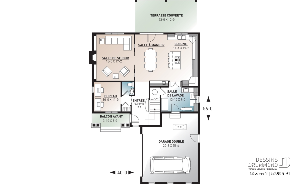 Rez-de-chaussée - Plan de maison Farmhouse, 3-4 chambres, chambre parents avec balcon, terrasse, bureau, foyer, buanderie au rdc - Nikolas 2