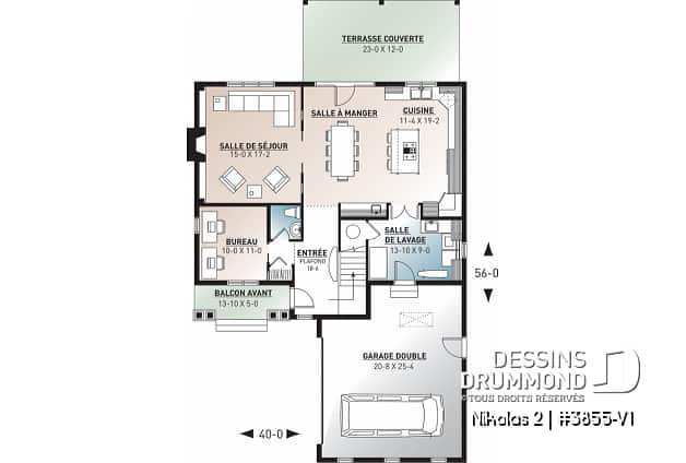 Rez-de-chaussée - Plan de maison Farmhouse, 3-4 chambres, chambre parents avec balcon, terrasse, bureau, foyer, buanderie au rdc - Nikolas 2