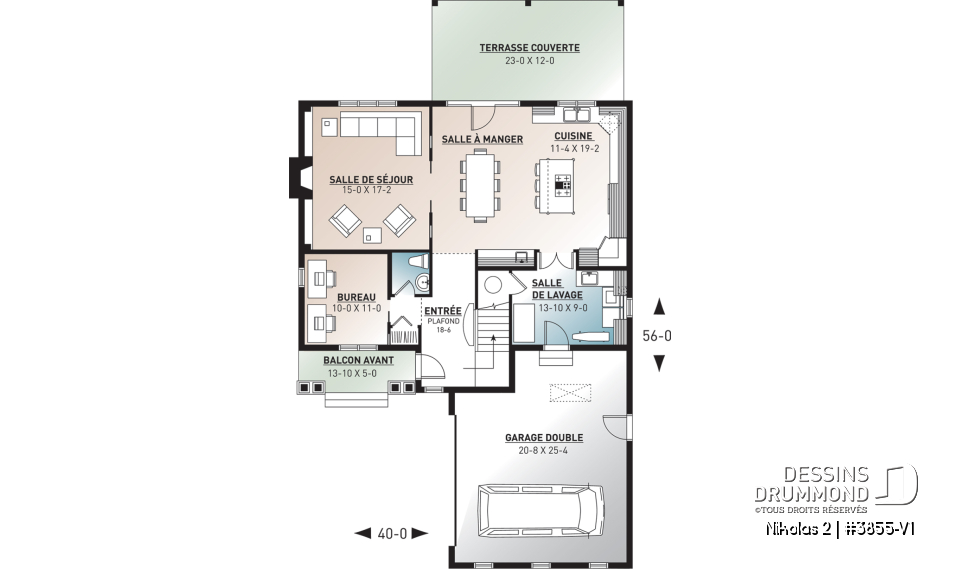 Rez-de-chaussée - Plan de maison Farmhouse, 3-4 chambres, chambre parents avec balcon, terrasse, bureau, foyer, buanderie au rdc - Nikolas 2