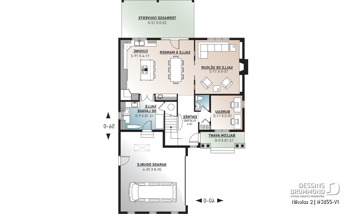 Rez-de-chaussée - Plan de maison Farmhouse, 3-4 chambres, chambre parents avec balcon, terrasse, bureau, foyer, buanderie au rdc - Nikolas 2