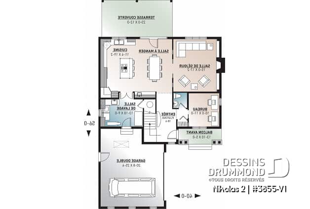 Rez-de-chaussée - Plan de maison Farmhouse, 3-4 chambres, chambre parents avec balcon, terrasse, bureau, foyer, buanderie au rdc - Nikolas 2