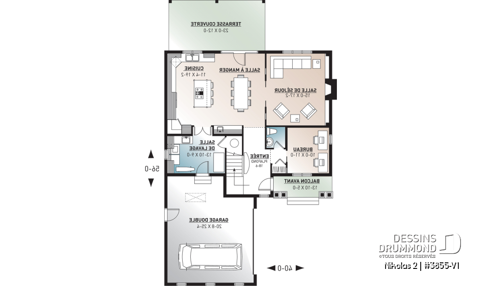 Rez-de-chaussée - Plan de maison Farmhouse, 3-4 chambres, chambre parents avec balcon, terrasse, bureau, foyer, buanderie au rdc - Nikolas 2