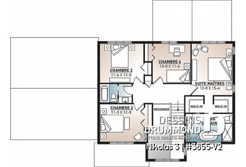 Étage - Plan 2 étages de 4 chambres avec garage double, bureau, garde-manger, vestiaire et suite des maîtres - Nikolas 3