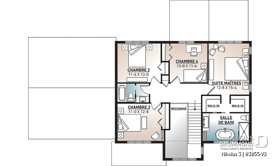 Étage - Plan 2 étages de 4 chambres avec garage double, bureau, garde-manger, vestiaire et suite des maîtres - Nikolas 3