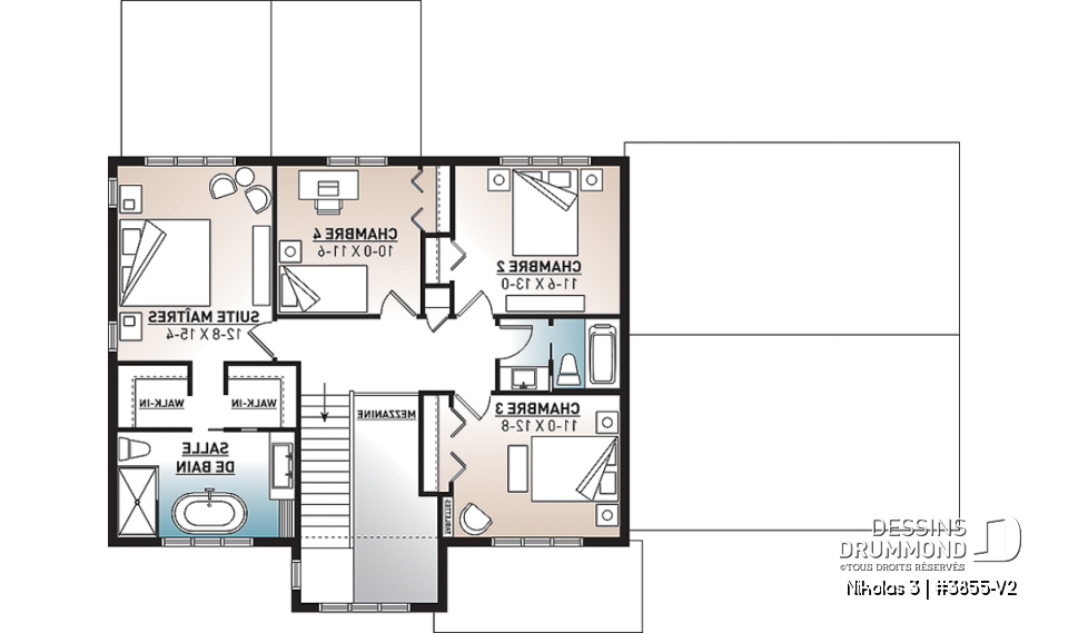 Étage - Plan 2 étages de 4 chambres avec garage double, bureau, garde-manger, vestiaire et suite des maîtres - Nikolas 3