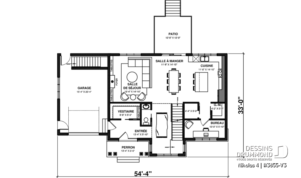 Rez-de-chaussée - Magnifique plan de maison farmhouse champêtre 3 chambres, garage, bureau, vestiaire, garde-manger - Nikolas 4