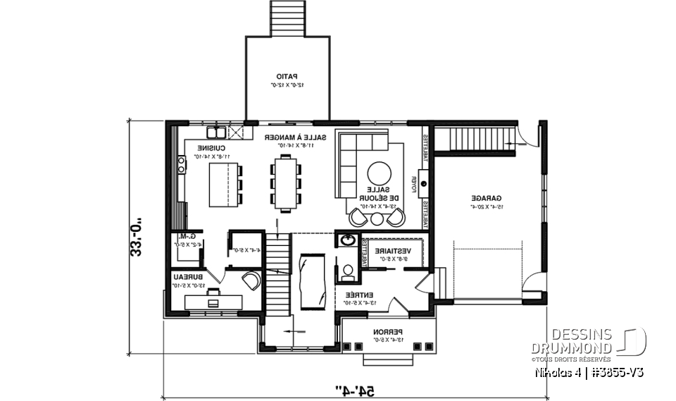 Rez-de-chaussée - Magnifique plan de maison farmhouse champêtre 3 chambres, garage, bureau, vestiaire, garde-manger - Nikolas 4