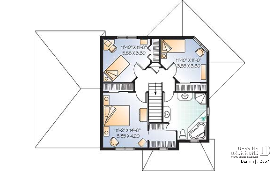 Étage - Plan de maison à étage avec 3 chambres et garage, superbe salon avec beaucoup de fenêtres - Darmin
