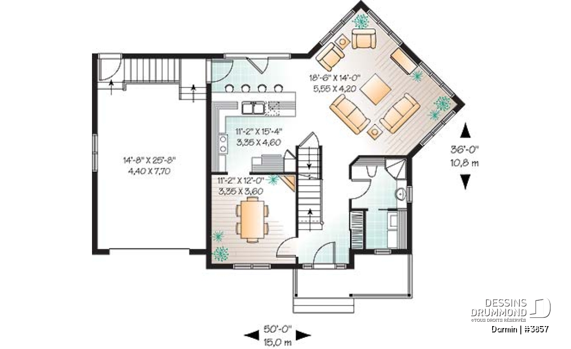 Rez-de-chaussée - Plan de maison à étage avec 3 chambres et garage, superbe salon avec beaucoup de fenêtres - Darmin