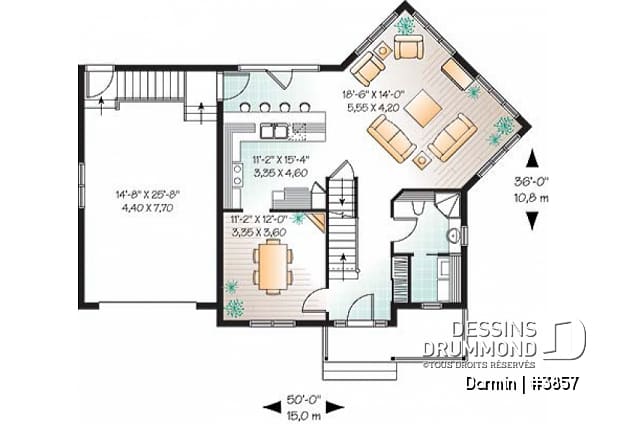 Rez-de-chaussée - Plan de maison à étage avec 3 chambres et garage, superbe salon avec beaucoup de fenêtres - Darmin