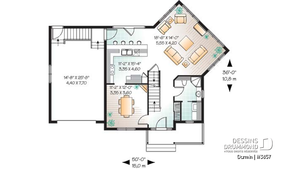 Rez-de-chaussée - Plan de maison à étage avec 3 chambres et garage, superbe salon avec beaucoup de fenêtres - Darmin