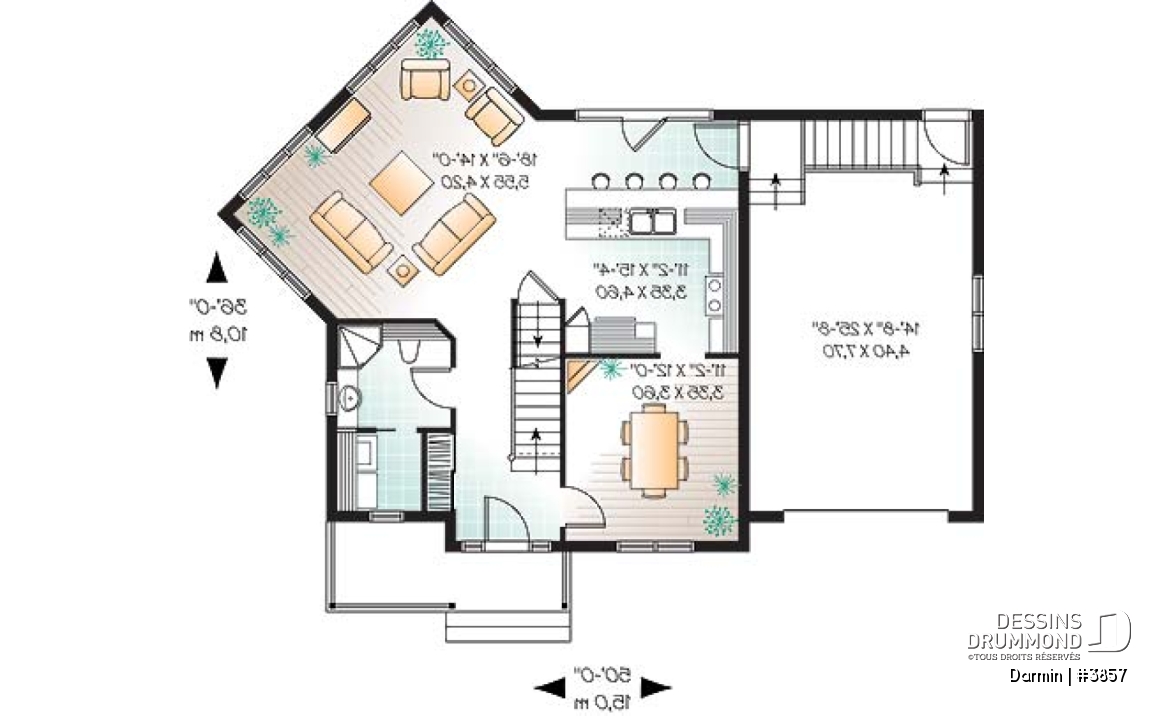 Rez-de-chaussée - Plan de maison à étage avec 3 chambres et garage, superbe salon avec beaucoup de fenêtres - Darmin
