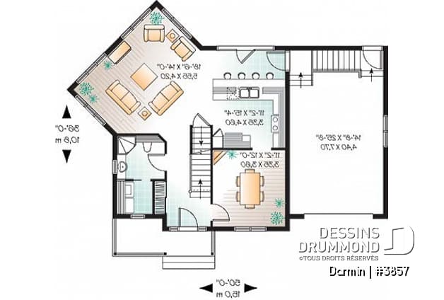 Rez-de-chaussée - Plan de maison à étage avec 3 chambres et garage, superbe salon avec beaucoup de fenêtres - Darmin