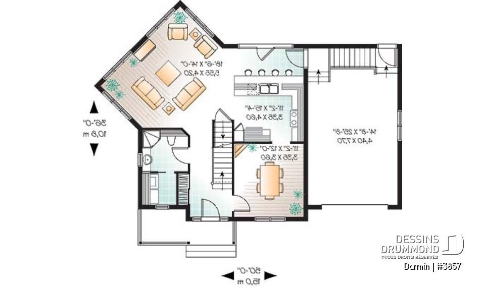 Rez-de-chaussée - Plan de maison à étage avec 3 chambres et garage, superbe salon avec beaucoup de fenêtres - Darmin