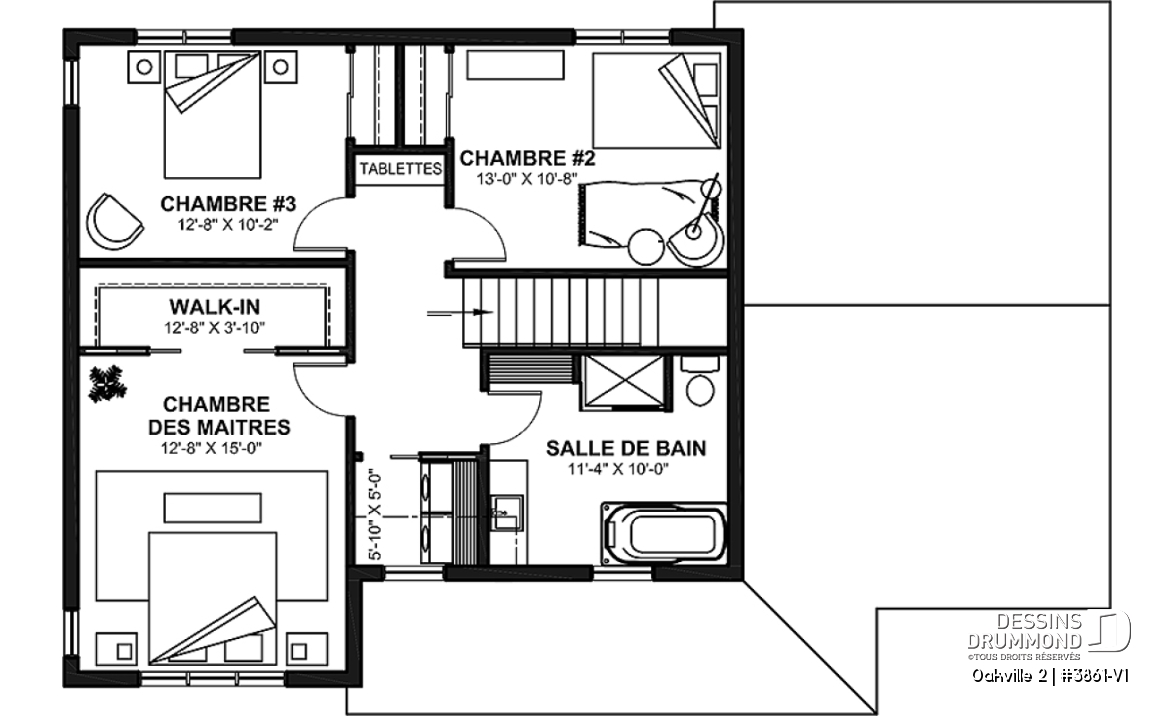 Étage - Plan de maison Farmhouse à étage, 3 chambres + bureau, garage simple, grande cuisine avec garde-manger - Oakville 2