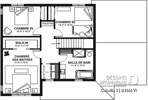 Étage - Plan de maison Farmhouse à étage, 3 chambres + bureau, garage simple, grande cuisine avec garde-manger - Oakville 2
