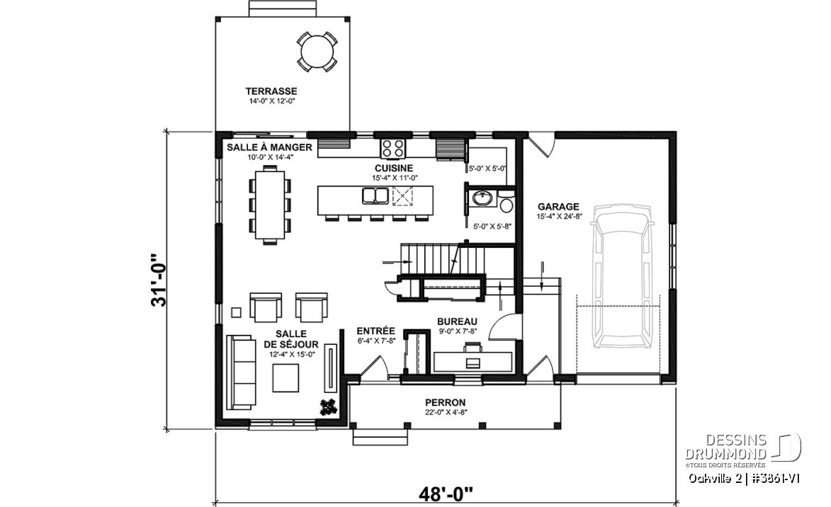 Rez-de-chaussée - Plan de maison Farmhouse à étage, 3 chambres + bureau, garage simple, grande cuisine avec garde-manger - Oakville 2